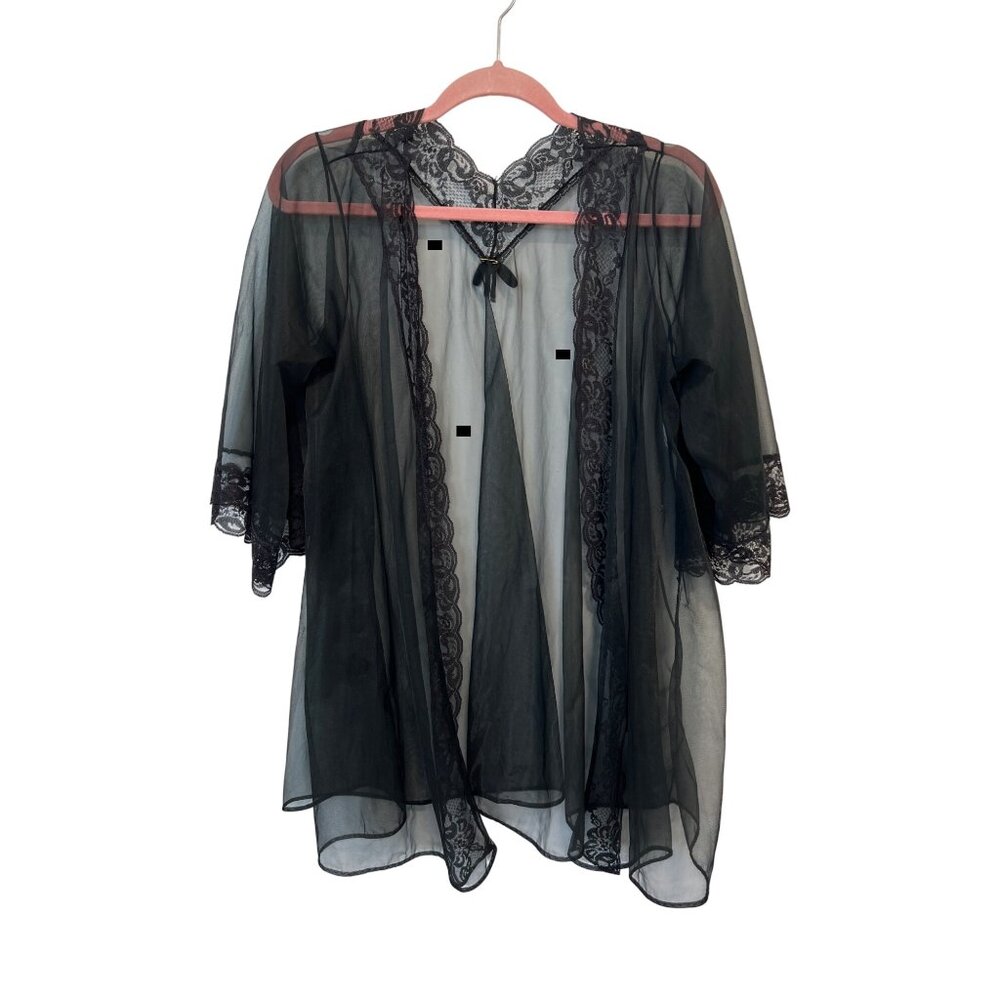 Vintage 70s Sheer Lace Trim Bedroom Jacket Size Medium Black Whimsy Fairy Goth